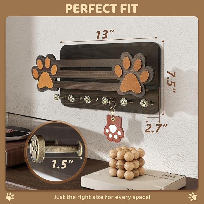 MTERSN Decorative Dog Leash Holder for Wall - Cute Dog Accessories Organizer with Floating Shelf & 6 Key Hooks – Key Holder Wall Mount for Cute Stuff and Farmhouse Decor (Dark Brown) - Image 3