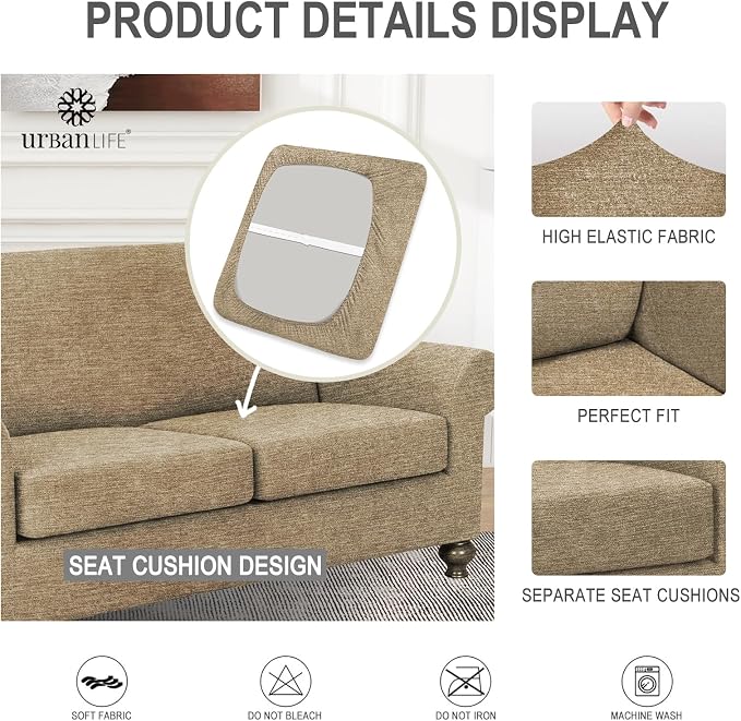 URBANLIFE 3-Piece Stretch Sofa Covers for 2 Cushion Couch, Coffee | Super fitted spandex slipcovers for couches. Non-slip elastic bottom. Machine washable furniture protector for kids & pets. - Image 6
