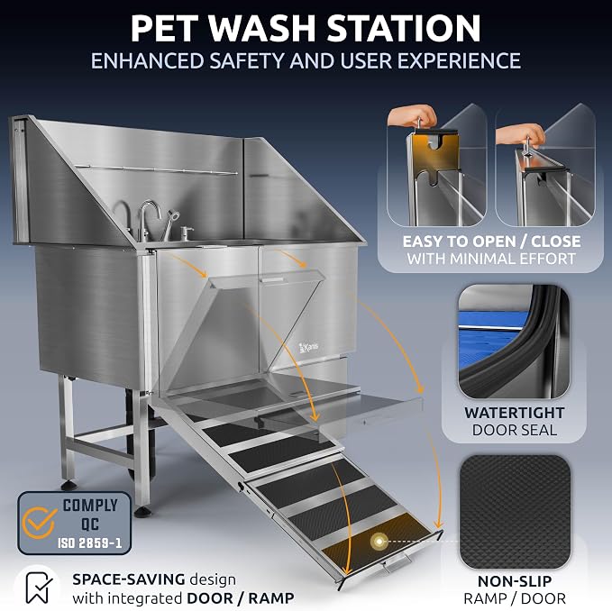 KANIS Professional Dog Washing Station 304 Stainless Steel Pet Wash Sink | Grooming Bathtub w/Shower, Floor Grates and Storage for Large, Medium & Small Pets (Silver, 50 Inches, Left Ramp, 1 Drawer) - Image 4