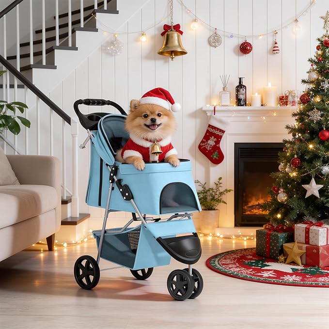 MoNiBloom 3 Wheels Pet Dog Cat Stroller for Small Medium Dogs Cats, Lightweight Foldable Jogger Stroller w/Storage Basket and Cup Holder, Mint Green