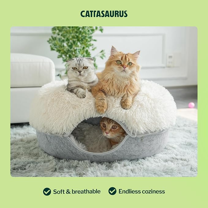CATTASAURUS Peekaboo Cat Cave for Multiple & Large Cats Up to 30-45 Lbs, Fluffy Cat Beds for Indoor Cats, Scratch Detachable & Washable Tunnel Bed, Comfy Donut Cave (Light Gray, Large (Calming)) - Image 5