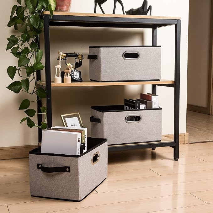 PRANDOM Fodable Storage Bins for Closet [3-pack] Decorative Fabric Storage Baskets Cubes with Leather/Metal Handles for Shelves Bedroom Living Room Light Grey (11.5x8.5x6.7 Inch) - Image 3