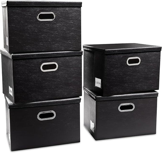 PRANDOM Foldable Storage Bins with Lids [5-Pack] Leather Fabric Collapsible Storage Boxes Organizer Containers Baskets Cube with Cover for Bedroom Closet Office Nursery Black (14.9x10.8x10) by Prandom