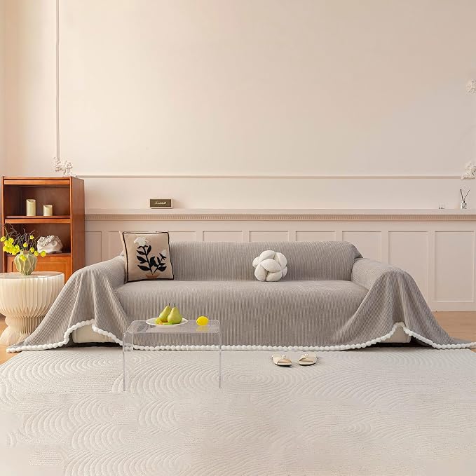Gray Chenille Couch Cover for Pets, Washable Striped Geometric Sofa Cover for 2 Cushion Couch, Boho Sofa Slipcover for Living Room, Thick Sectional Furniture Protector with Cute Pom Pom Edge-71x118IN by STACYPIK