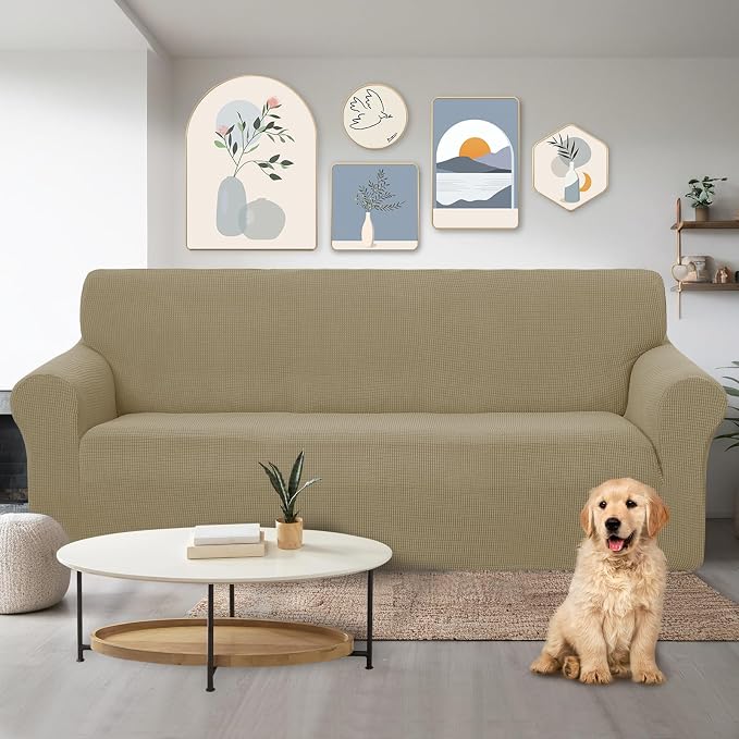 U-NICE HOME Stretch Couch Cover Slipcover for 3 Cushion Sofa, Sand | 1-Piece Sofa cover, Washable, Pet friendly, Furniture protector, Polyester Spandex Jacquard fabric - Image 2