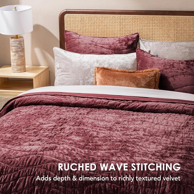 EverGrace Luxury Wave Crushed Velvet Quilt Set, King Size, Burgundy | Luxurious Soft, Lightweight Velvet Comforter, Cozy Plush Oversized Bedspread Coverlet for All Season, with 2 Shams - Image 2