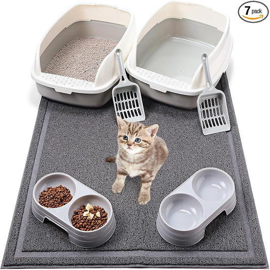 Sliner Kitten Litter Box Low Entry Starter Kit – 7pcs Set with 2 Litter Boxes, 2 Bowls, Scoop & Waterproof Mat, High Sided Cat Toilet for Small Kittens up to 6.6lb(Gray) by Sliner
