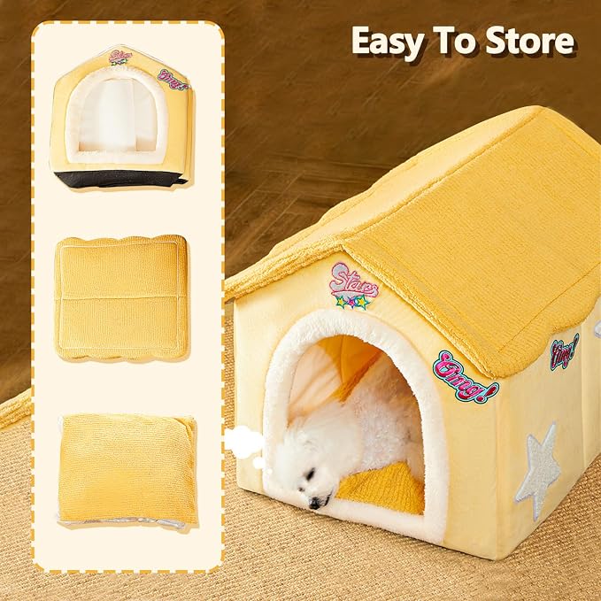 Cat House, Cartoon Cat Cave Bed with Removable Washable Cushion Pillow, Cute Cat Tent, Warm and Soft Chimney Cat House for Dogs Cats Small Animals(L, Yellow) - Image 5