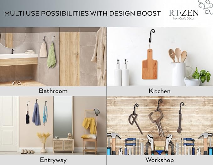RTZEN Classic Farmhouse Wall Mount Multi-Use Wrought Iron Hook Set (3 Pack) | Decorative Rustic Metal Handcrafted Bathroom, Entreyway Home Decor Hooks Suitable for Coats, Towels, Robe or Hat Hanging - Image 3