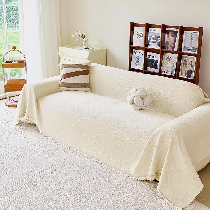 VANJOROY Beige Oversized Couch Sofa Cover for 3-4 Cushion for Dogs Pets -Washable Chenille Couch Cover Sectional Sofa L-Shap, Couch Cover Protector Soft Sofa Slipcovers with Tassel,91"x 150" by CHOOSEVANJOROYENJOYAMORECOMFORTABLEFEELING