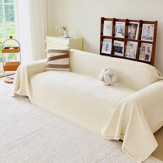 VANJOROY Beige Oversized Couch Sofa Cover for 3-4 Cushion for Dogs Pets -Washable Chenille Couch Cover Sectional Sofa L-Shap, Couch Cover Protector Soft Sofa Slipcovers with Tassel,91"x 150" by CHOOSEVANJOROYENJOYAMORECOMFORTABLEFEELING