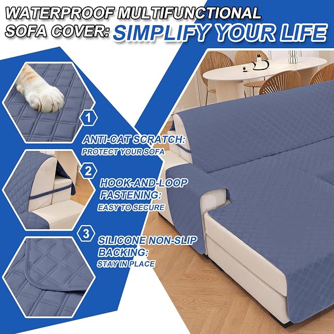 Waterproof Sectional Couch Covers for Dogs, Reversible L Shaped Couch Cover, Chaise Lounge Cover for Sectional Sofa, Sofa Covers Washable Sectional for Pets Dog Cat (Small, Greyish Blue) - Image 6