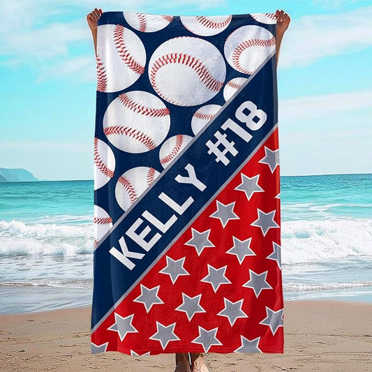 Personalized Beach Towel With Name, Custom Beach Towel with Text, Customized Microfiber Pool Towel, Quick Dry & Absorbent Swim Towel for Adult,Anniversary, Birthday, Summer Holiday,Vacation,Baseball by JML