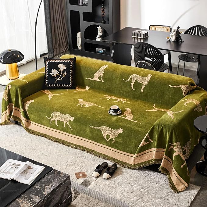 Chenille Sofa Cover with Tassels, Non-Slip Couch Cover for 2/3 Seat Sofas, Washable Furniture Protector for Pets & Kids, Modern Leopard Pattern Chenille Blanket (Green, 71"x134") - Image 2