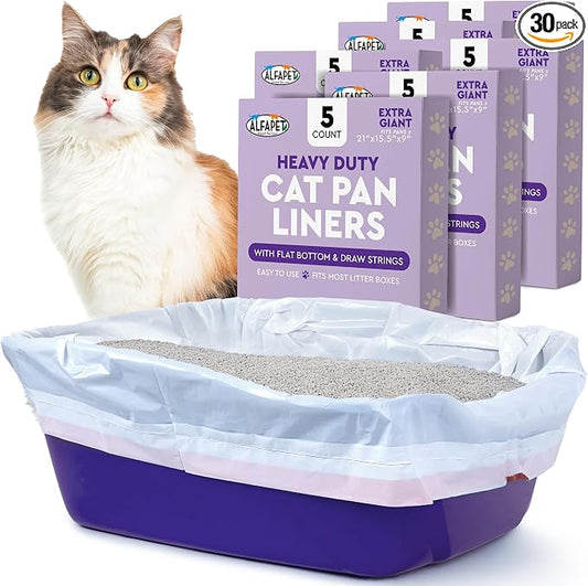 Alfapet Extra Large cat Litter Box Liners-6 Boxes- Heavy Duty 2 mil Thick Plastic, Clever Drawstring Liner for Easy Disposal- Flat Bottom for Easy, Secure Placement in Kitty Pan-Disposable by Alfapet