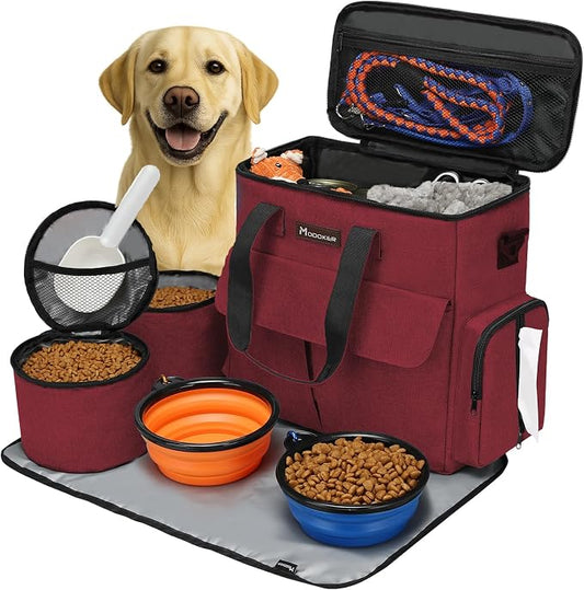 Modoker Weekend Dog Travel Bag with 2 Food Bags, 2 Bowls and Mat,Rose Red | Dog Travel Accessories Organizer for Camping and Road Trips with Roomy Storage, Multiple Pockets and Water-Resistant Oxford by Modoker
