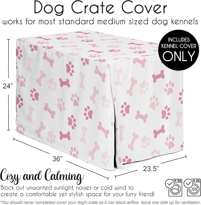 Sweet Jojo Designs 36in. Medium Dog Crate Cover (Bones and Paw Prints) Pet Cage, Kennel Covers (Modern, Cartoon, Doggy, Puppy, Neutral, Paws Print, Whimsical, Playful, Pastel, Blush Pink & Off White) - Image 5
