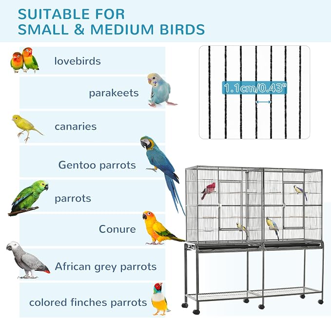 PawHut 65" Double Rolling Metal Bird Cage with Divider, Large Parrot Cage for Parakeet, Canaries, Lovebirds, Budgie, Finch, with Detachable Rolling Stand, Storage Shelf, Wood Perch & Food Container | for Parakeet, Canaries, Lovebirds, Budgie, Finch, De... - Image 6