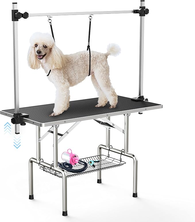 Lyromix 36'' Foldable Dog Grooming Table with Arms/Nooses/Mesh Tray, Black | Stainless Steel Grooming Table for Dogs at Home, Adjustable Pet Bathing Station, Non-Slip Waterproof Tabletop, Capacity 330Lb by Lyromix