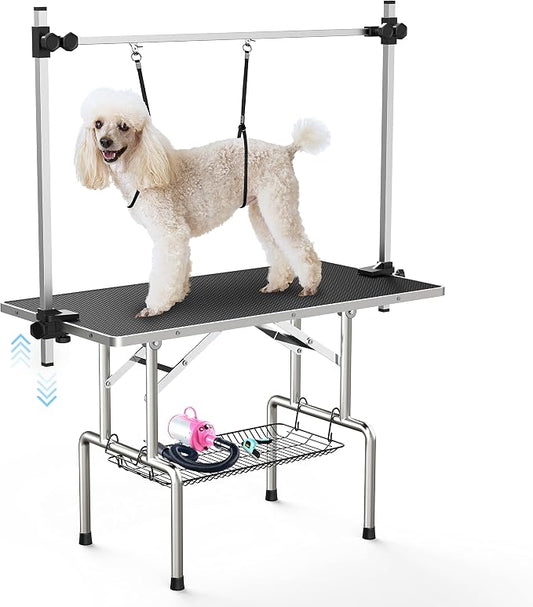 Lyromix 36'' Foldable Dog Grooming Table with Arms/Nooses/Mesh Tray, Black | Stainless Steel Grooming Table for Dogs at Home, Adjustable Pet Bathing Station, Non-Slip Waterproof Tabletop, Capacity 330Lb by Lyromix