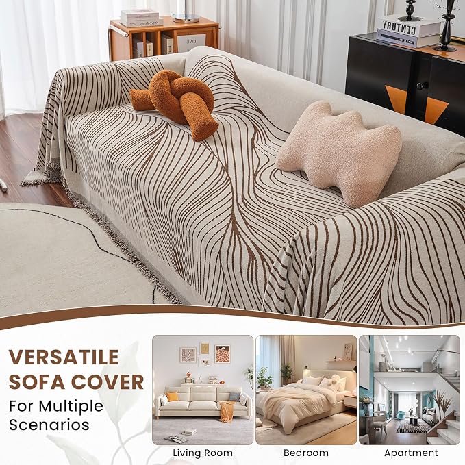 VClife Large Sofa Cover Chenille Couch Cover for 2 Cushion Couch Sofa, Modern Beige Chocolate Striped Couch Covers for Kids Washable Sectional Sofa Protector with Tassel 71"X118" - Image 5