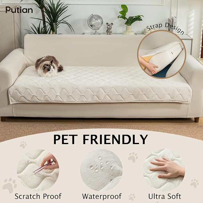 PuTian Waterproof Couch Cover for Dogs, Slip Straps, 36"X83", Off White | Washable Sofa Cover，Pet Friendly Couch Protector & Dog Mat, Waterproof Furniture Guard for Sofas, Loveseats & Sectionals - Image 2