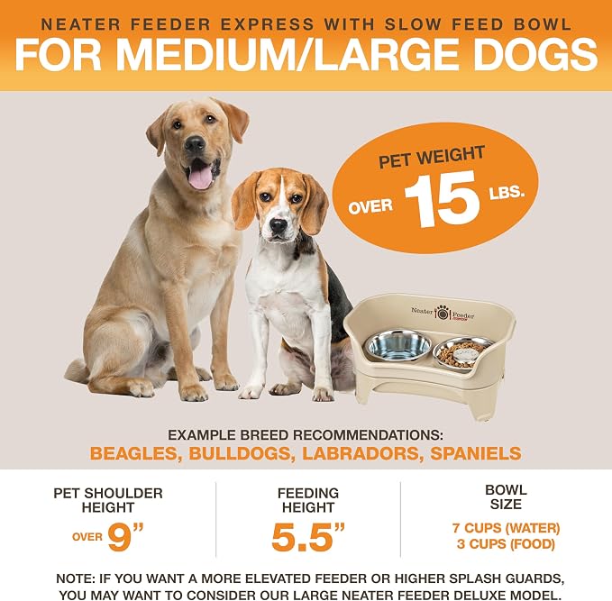 Neater Feeder - Express Model w/ Slow Feed Bowl - Mess-Proof Dog Bowls (M/L, Almond) Made in USA – Elevated, No Spill, Non-Tip, Non-Slip, Raised Stainless Steel Food/Water Pet Bowls Aid Digestion - Image 4