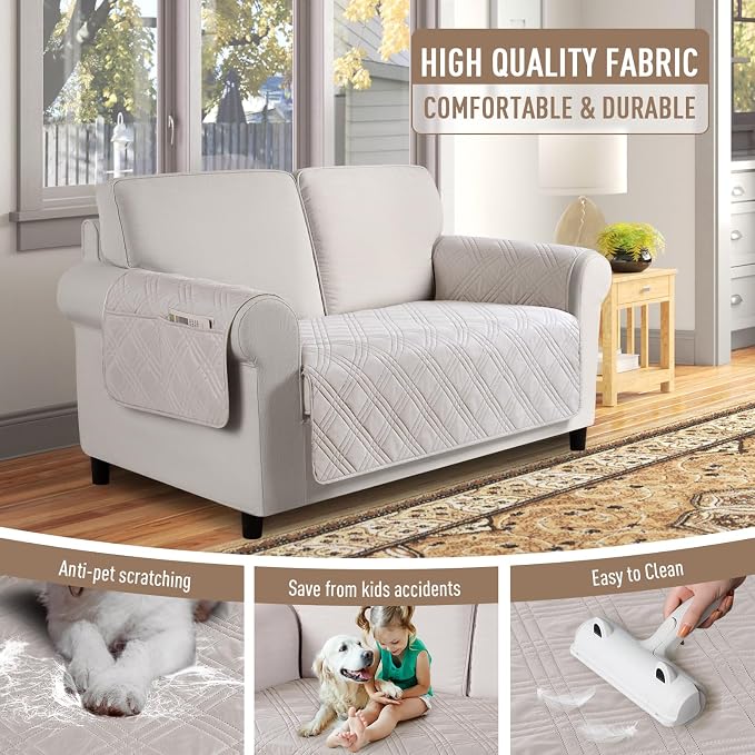 TAOCOCO Waterproof Loveseat Covers for Pets Dogs with Non Slip Backing, Sofa Seat Covers with Side Pocket for 2 Cushion Couch Washable Dog Couch Cover Protector Sofa Slipcovers(Loveseat, Cream) - Image 4