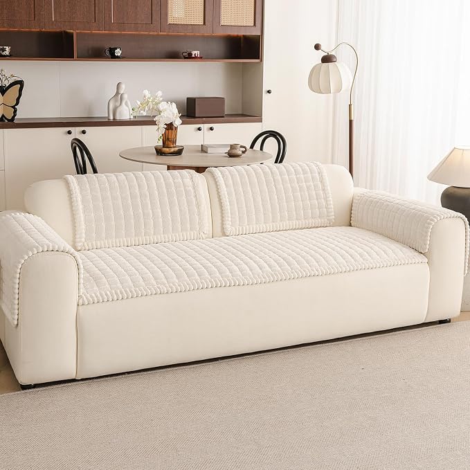 Couch Covers for Sofa Washable, Non Slip Couch Covers for Dogs, Soft Plush Pet Friendly Dog Couch Cover, Plaid Couch Protector for Dogs, Pet Couch Cover for LoveSeat(Beige White,28"×59",1PC) - Image 2