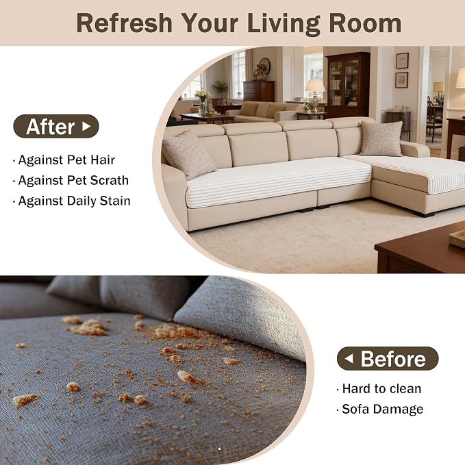 MEETSKY 100% Waterproof Sectional Couch Covers, 2 Pieces Non Slip Couch Covers for Dogs, Washable Sofa Coverr for 3 Cushion Couch, Sofa Slipcover for Pets, Cream, XXX-Large, 35"x70.9"+35"x82.7" - Image 7