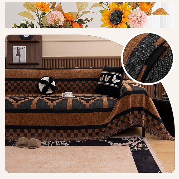 ROOMLIFE Dark Brown Couch Cover 3 Cushion Sofa, Washable Non Slip Furniture Sofa Protector Cover, Soft Chenille Sofa Slipcovers Sectional L Shape Dogs Couch Cover Throw Blanket with Tassels71''X118'' - Image 6