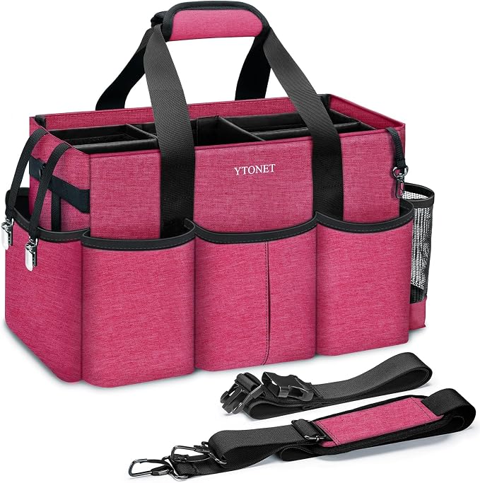 Ytonet Wearable Cleaning Caddy Organizer with Handle & Shoulder Straps, Large Cleaning Tote for Housekeepers, Kitchen Supplies Organizer with Dividers, Under Sink & Car Detailing Bag, Red by YTONET