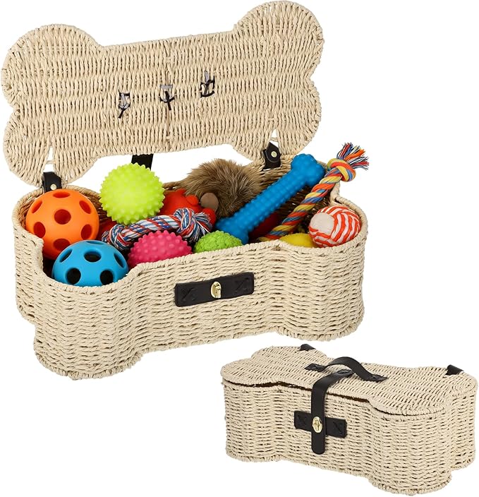 Bone Shaped Storage Basket Large Dog Toy Basket with Lid and Handles Dog Toy Bin Wicker Woven Bone Pet Organizer for Storing Frisbee Blankets Treats Pet Supplies by Hlimior