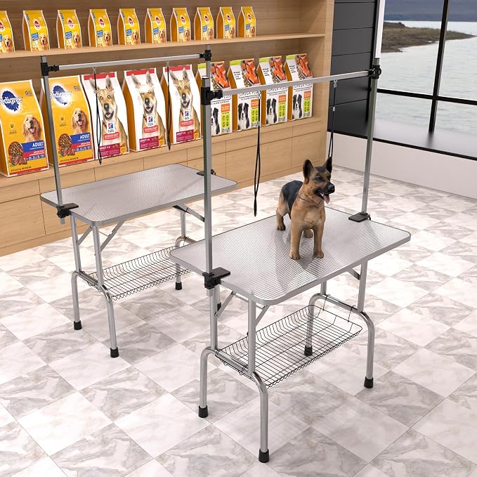 46" Dog Grooming Table Foldable Pet Grooming Tables with Adjustable Arm Noose Storage Mesh Tray Maximum Capacity Up to 330lbs Silver Gray - Image 4