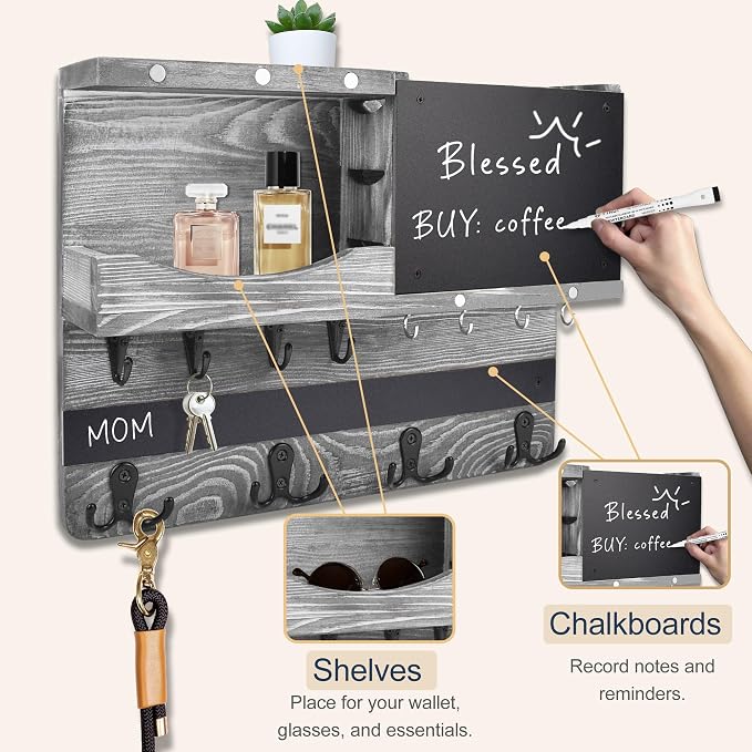 Key Holder for Wall Mount with Shelf and Mail Organizer, Key and Mail Holder with 16 Hooks, Farmhouse Entryway Organizer, Home Decor Rack(Pine Wood,Washed Gray) - Image 6