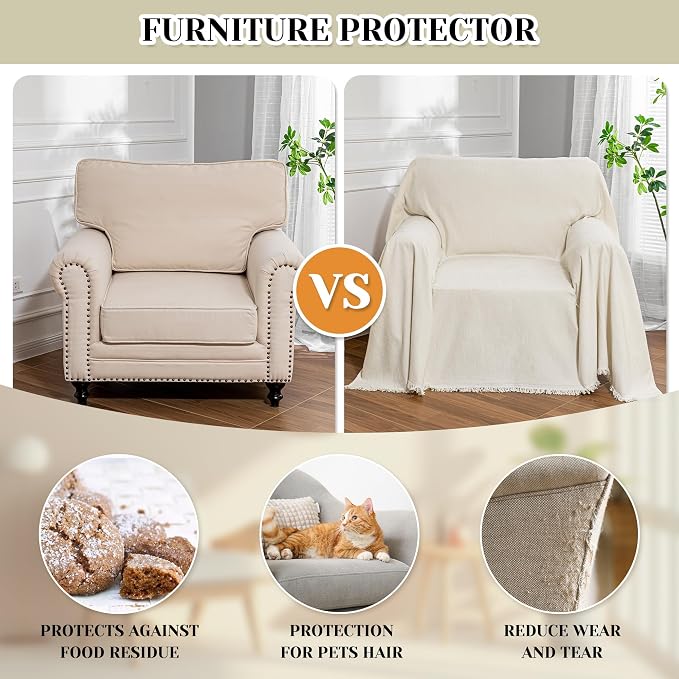 MEETSKY Oversized Chair Cover Washable Armchair Sofa Cover for Dog, Couch Protector for Sofa Single Cover, Small Couch Cover Sofa Throw Cover with Tassel, 71" x 91", Beige - Image 4