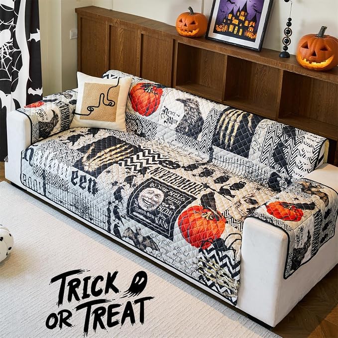 Cmfshape Halloween Sofa Slipcover-Black with Pumpkin,Crow,Skull,Pet Friendly Couch Covers for 3 Cushion Sofa,Washable Sofa Protector for Holiday,Anti-Slip with Elastic Band - Image 2