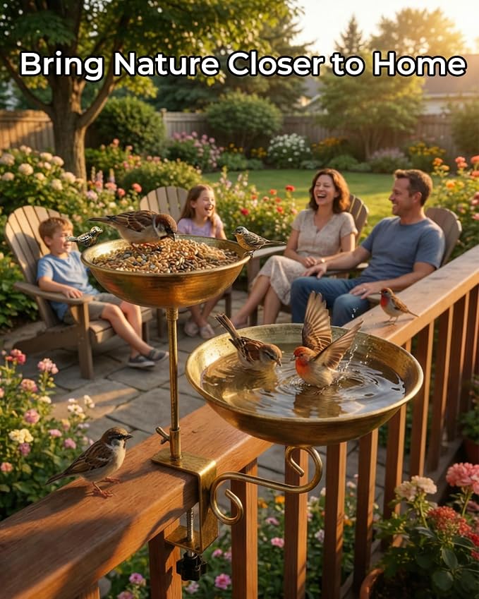 Dual Tier Deck Mounted Bird Bath with Feeder for Railing | Dual Levels for Backyard Bird Watching, Ideal for Cardinals, Finches & Sparrows, Adjustable Clamp Fits Decks, Easy Clean - Image 7
