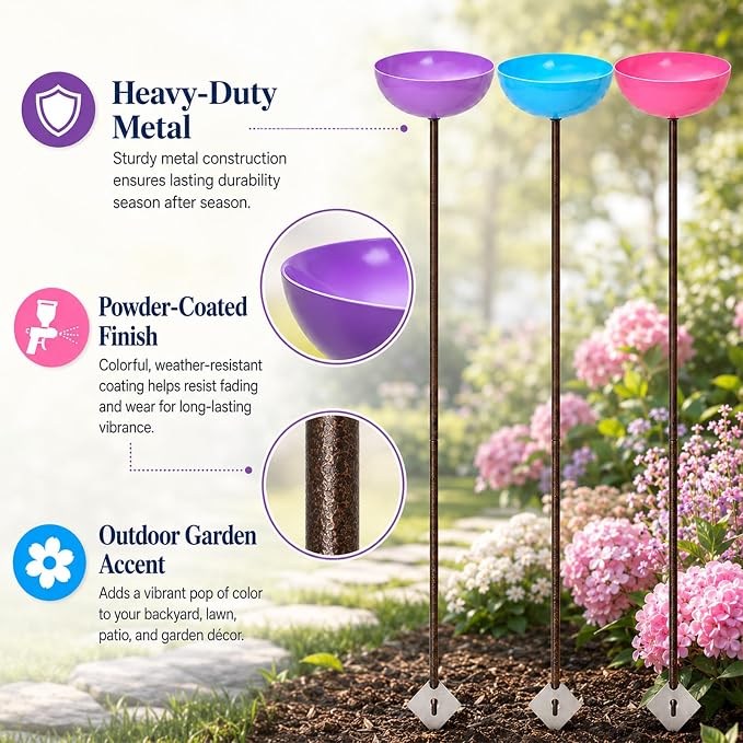 Colorful Metal Bird Bath Garden Stakes 3 Pack - Multi-Height Rustproof Outdoor Bird Feeder Water Station for Hummingbird Butterfly Bee, Decorative Yard Lawn Rain Catcher Ornament (Blue/Green/Red) - Image 3
