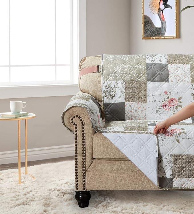 Brilliant Sunshine Pink Rose & Grey Toile Patchwork Couch Cover, 78" seat | Non Slip Sofa Cover, Living Room Quilted Furniture Protector, Extra Large Washable Slipcover for Pets, Dogs & Cats - Image 4