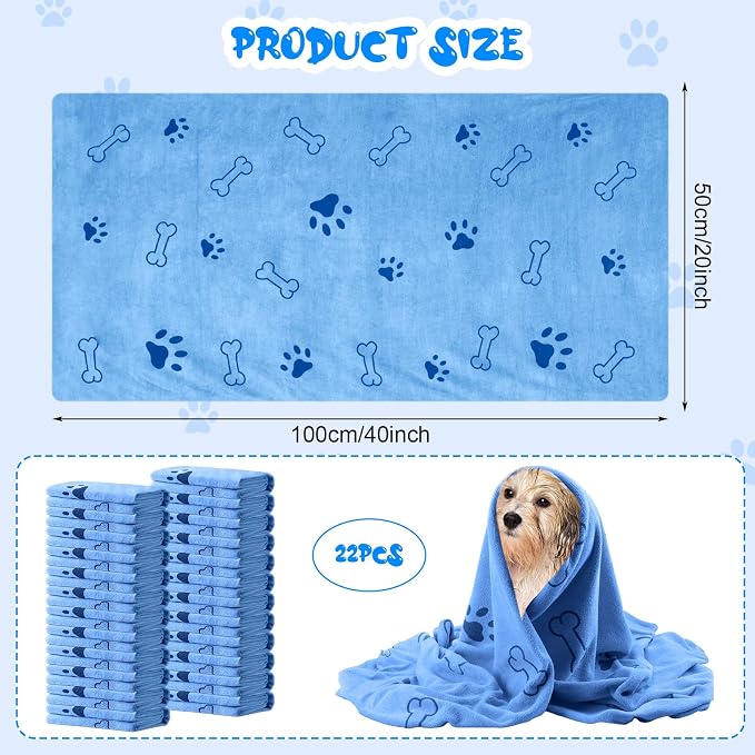 Tatuo 22 Pcs Dog Towels for Drying 20 x 40 Inch Pet Bath Towels Absorbent Microfiber Towel Quick Drying Puppy Bathing Supplies for Small Medium Large Dog Puppy Cat(Blue,Bone Pattern) - Image 2