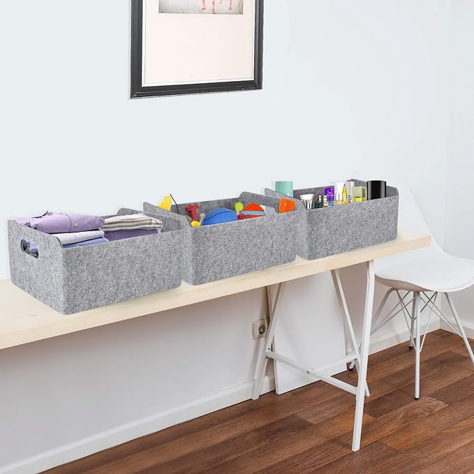 Welaxy Storage Baskets Collapsible Felt Storage bin Foldable Shelf Drawers Organizers Bins organizie Box with Handles for Kids Toys pet Toy Books Clothes Makeup Junk organise (Gray x 3) - Image 6