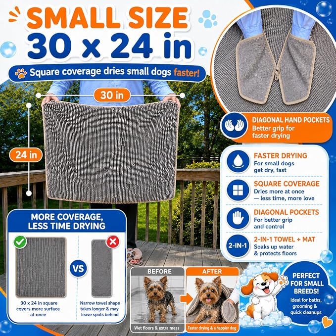 Pet 2-in-1 Dog Towel & Mat – Transforms from Drying to Bath Mat, Ultra Soft, Absorbent & Quick-Drying, Machine Washable Dog Towels with Detachable Non-Slip Mat and Hand Pockets (Small) - Image 2