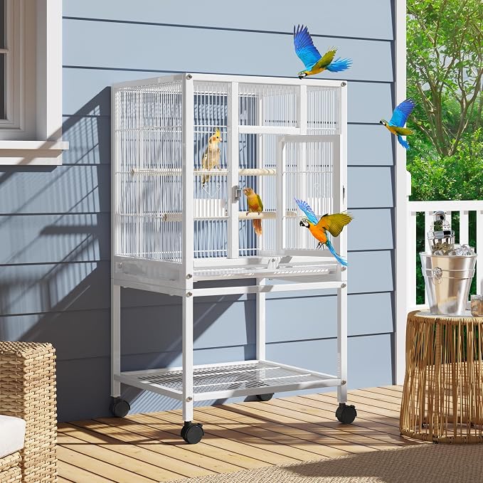 YITAHOME 41 inches Metal Bird Cage for Parakeets: Large Parrot Cages with Tray, Food Boxes, and Wooden Perches with Rolling Stand & Brakes for Lovebirds Cockatiels Pigeon Finches, White - Image 4