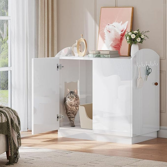 DWVO Large Hidden Litter Box Furniture with Hooks | Modern Cat Litters Box Enclosure for M/L/XL Litter Boxes, Wooden Secret Cat Cabinet, High-Gloss White by DWVO