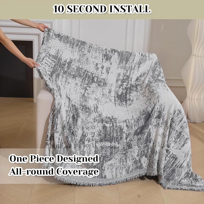 MEETSKY Small Couch Cover Oversized Chair Cover Washable, Chenille Soft Throw Cover for Single Sofa, Abstract Geometric Sofa Slipcover Multi-Use Furniture Protector for Pets, 71" x 91", Deep Grey - Image 2