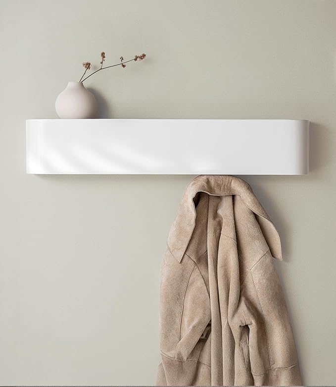 Kazai. Wall-Mounted Coat Rack 'Toke' - Modern Design Coat Rack with Hidden Wall Hooks - Solid Wood Veneer Panel Coat Hanger - White by KAZAI