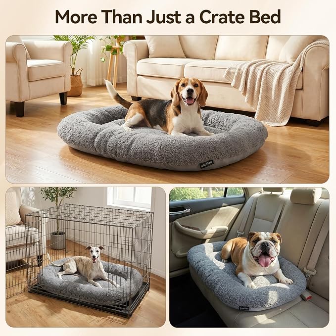 Dog Bed for Crates, Medium Dogs 35x22, Washable, Dual-Sided | Reversible Plush & Oxford Pad, Warm & Cooling Cushion, All Seasons Comfort, Soft Thick Support, Oval, Grey Durable Fabric - Image 7