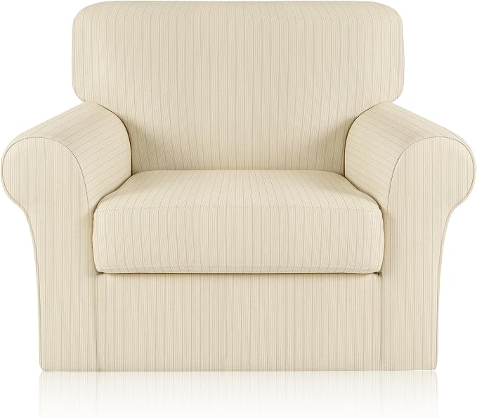 Armchair Cover Stretching Skid Resistance Couch Cover for Pets Washable, Thick and Durable Soft High Spandex Striped Pattern Sofa Covers, Form Fitted Chair Slipcover(Armchair, Ivory) by ChengEase