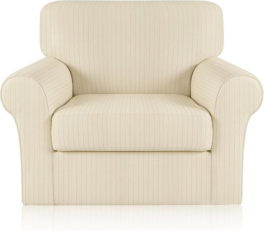Armchair Cover Stretching Skid Resistance Couch Cover for Pets Washable, Thick and Durable Soft High Spandex Striped Pattern Sofa Covers, Form Fitted Chair Slipcover(Armchair, Ivory) by ChengEase